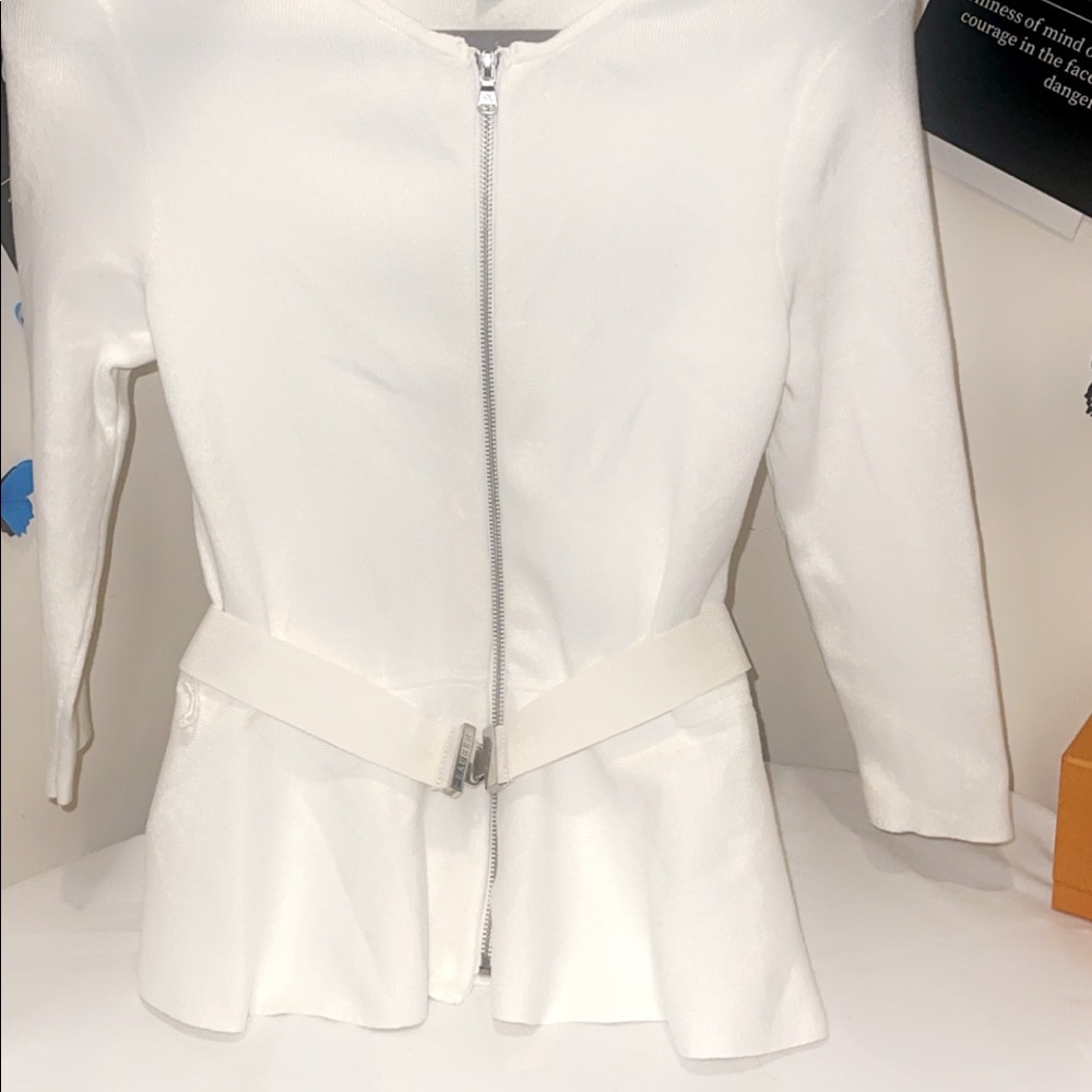 White classy zipper front cardigan with belt